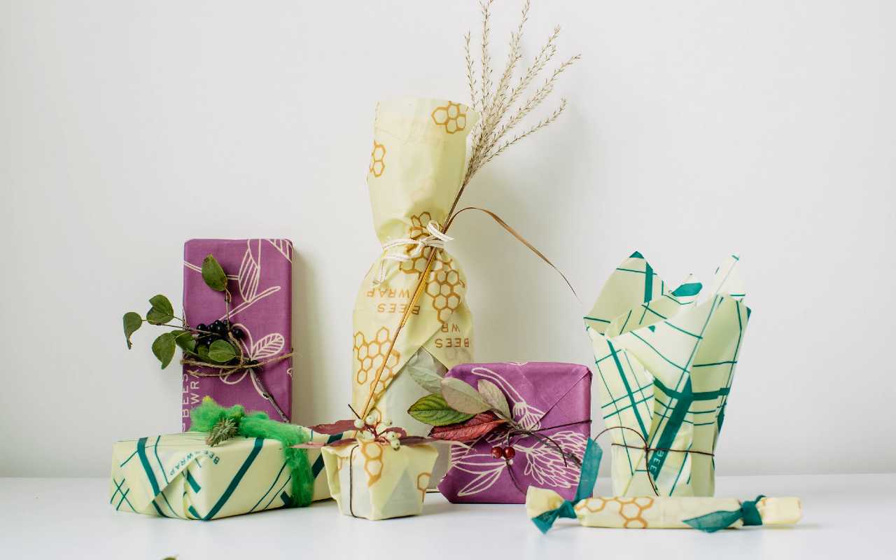 Bee's Wrap beeswax wraps used to wrap presents