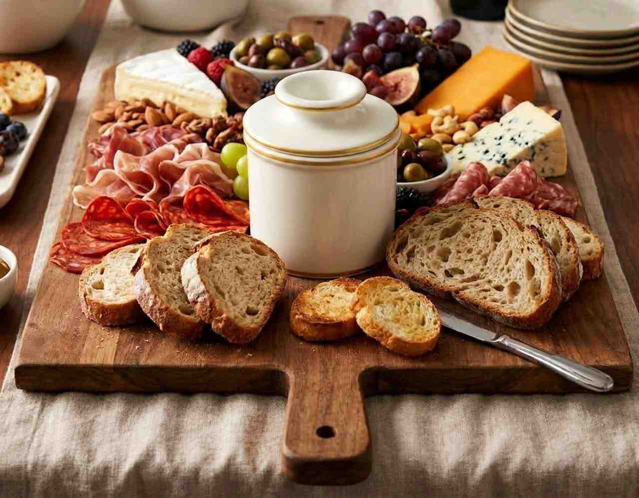 A Butter Bell crock on a charcuterie board