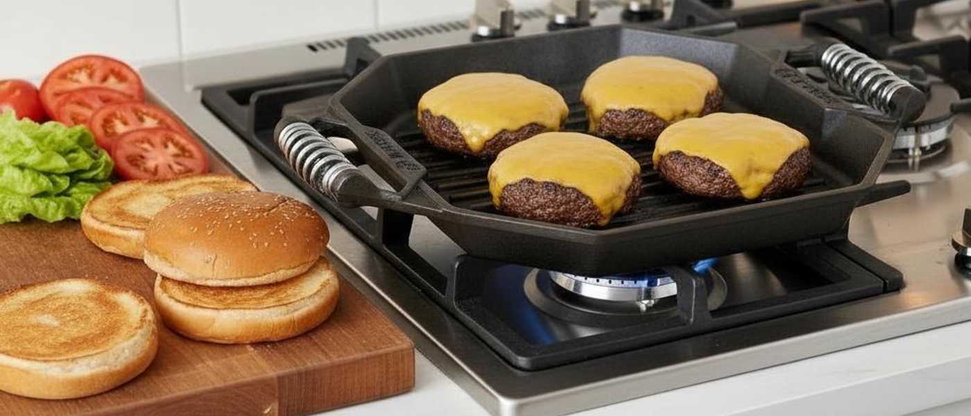 Cheeseburgers grilling on a stove top on a Finex Cast Iron grill pan