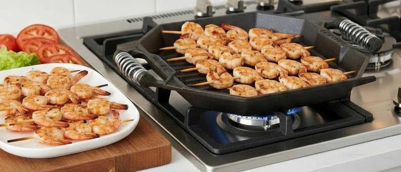 Shrimp skewers grilling on a Finex cast iron grill pan