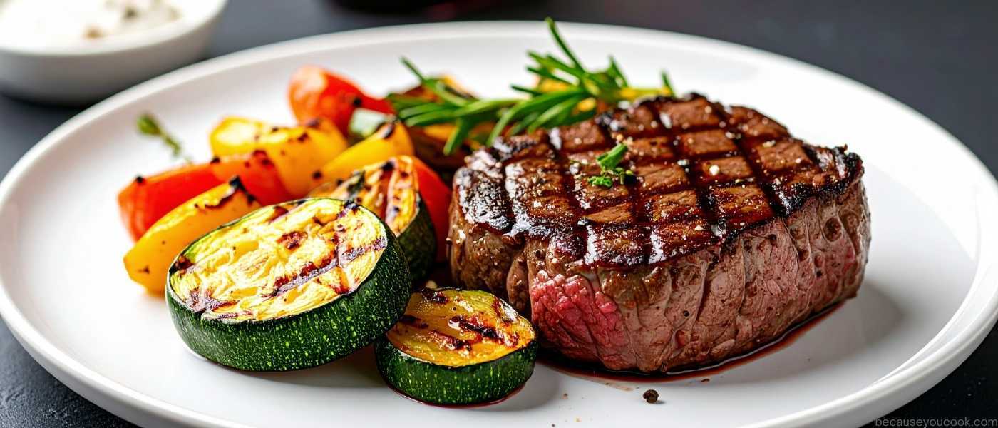 A cloeup of a plate filled with grilled steak and vegetables