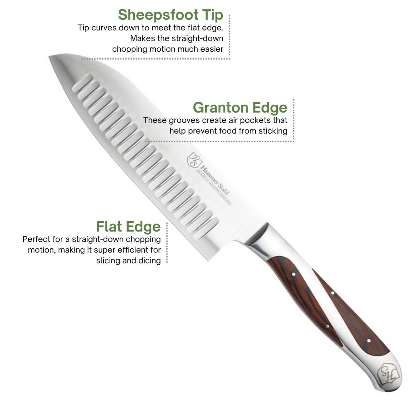 The Hammer Stahl Santoku KNife with sheepsfoot tip, granton edge, and flat edge.