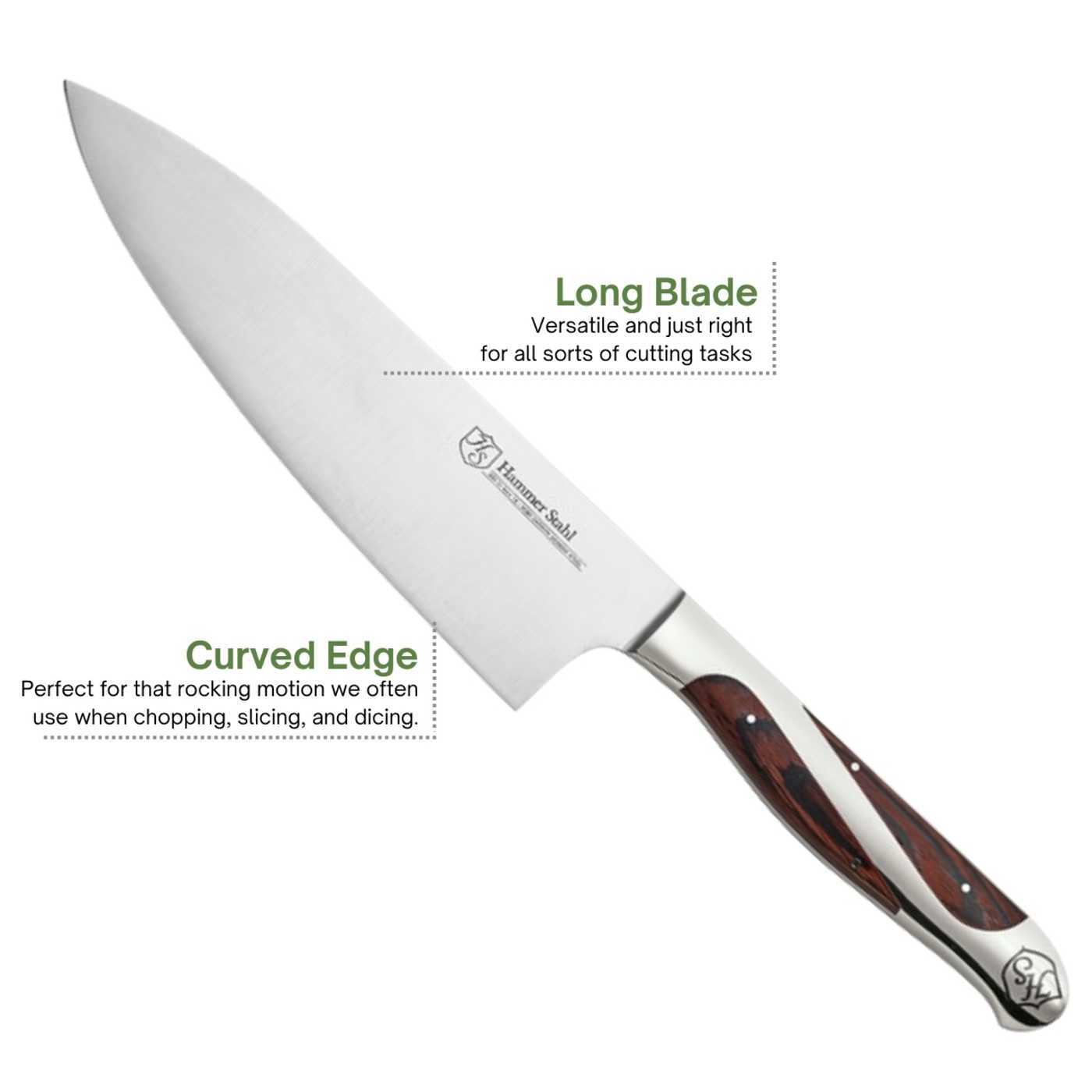 The Hammer Stahl Chef Knife with a long bed and curved edge