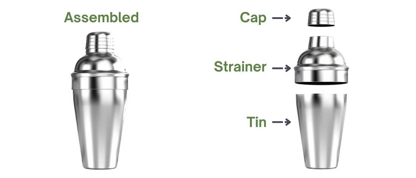 An assembled cobbler shaker and a disassembled cobbler shaker