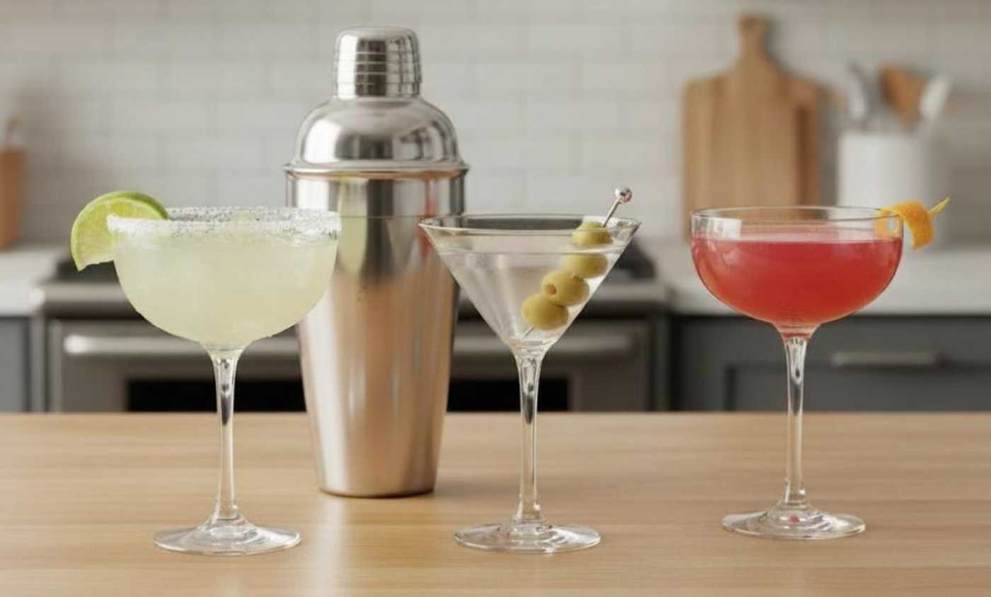 three classic cocktails on a kitchen counter with a cobbler shaker