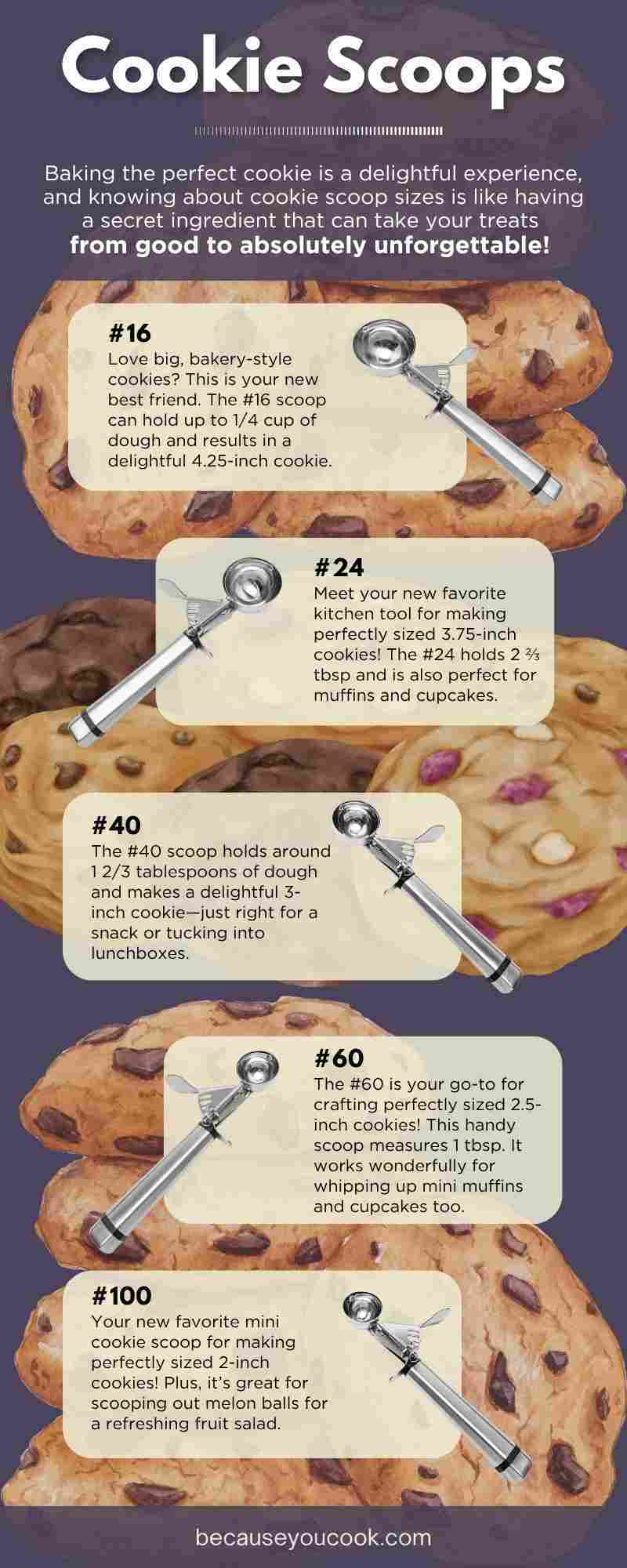 An infographic that sums up cookie scoop sizes and their uses from this blog post.