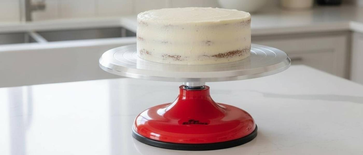 A Fat Daddios cake decorating turntable with a cake with a crumb coat