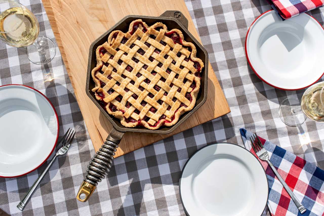 A pie baked in a FINEX Cast Iron Skillet on a table