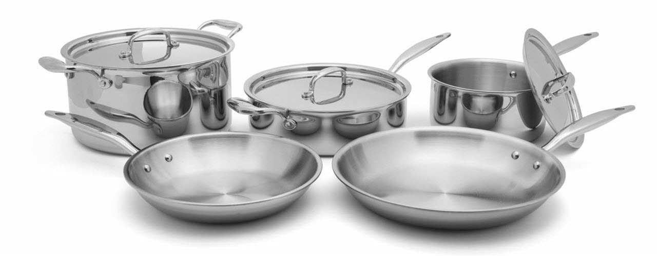 The Heritage Steel 8 Piece Core Cookware Set with a white background