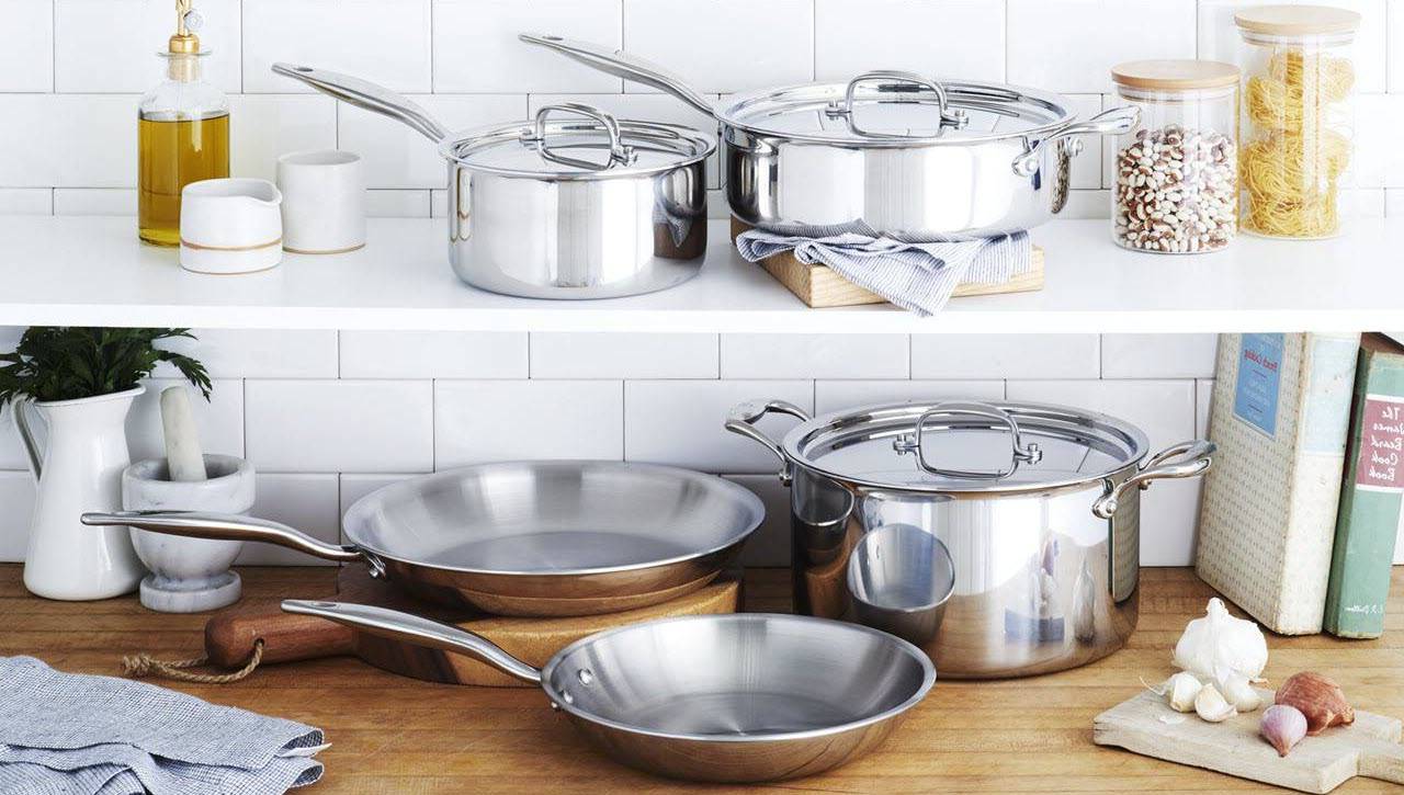 The Heritage Steel 8 Piece Core Cookware Set in a kitchen