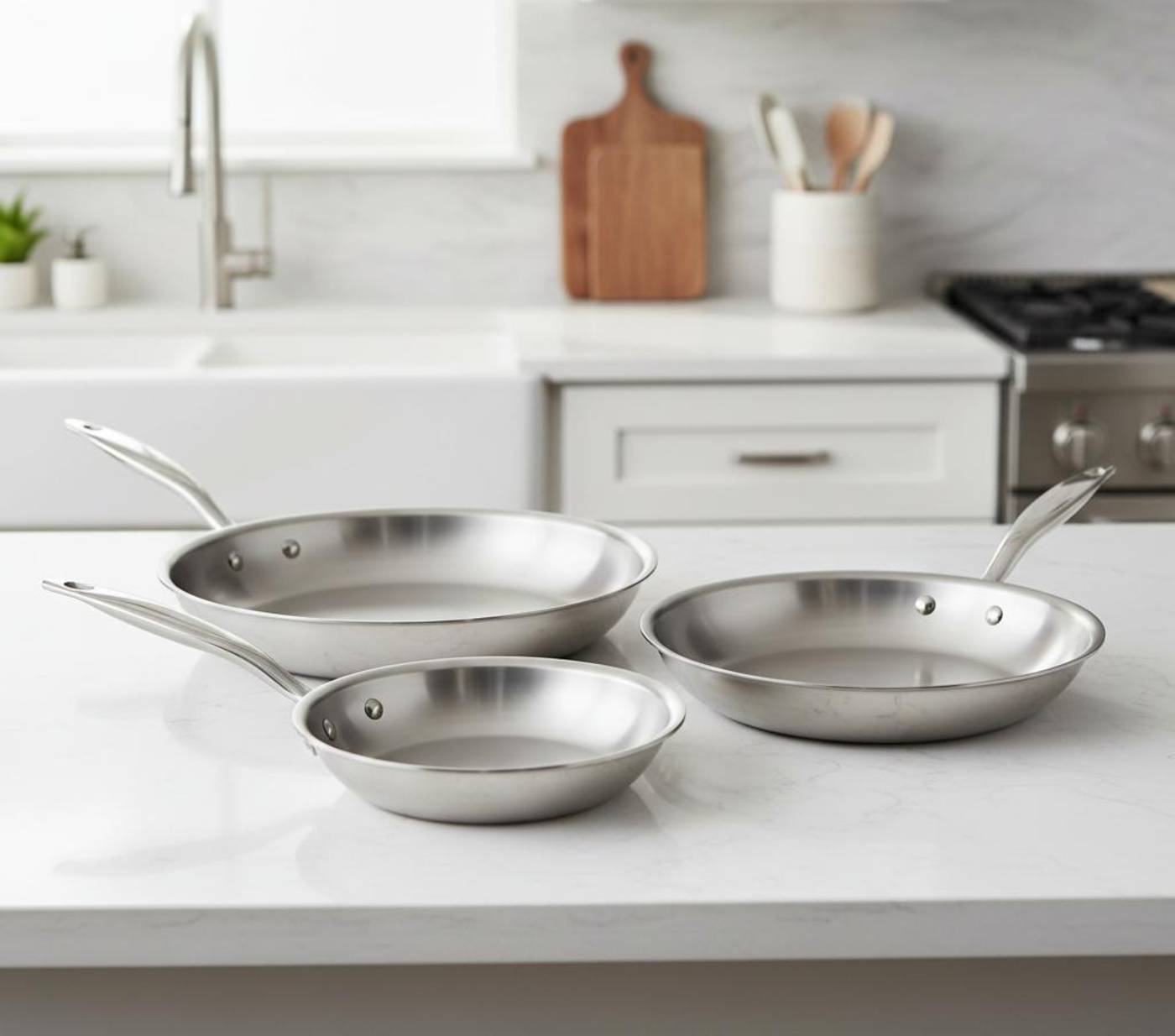 The Heritage Steel 3 Piece Fry Pan Set on a kitchen island