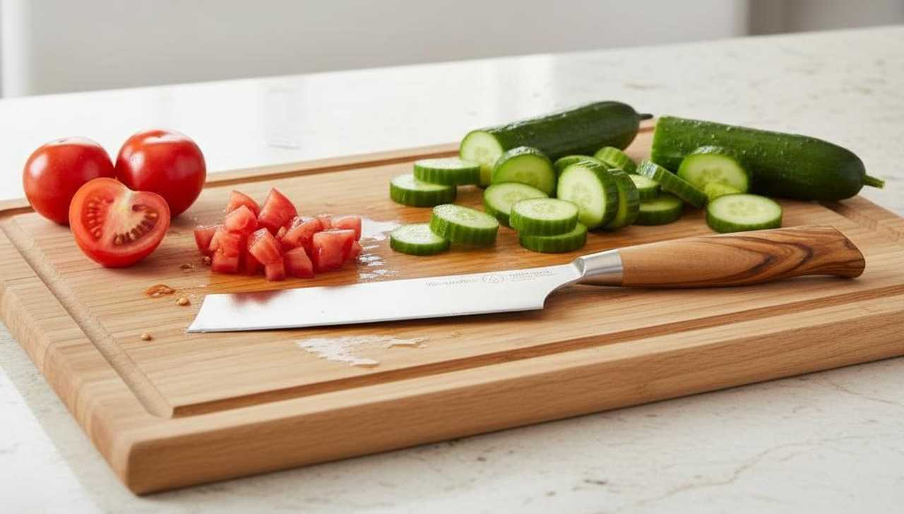 A Messermeister Oliva Elite Nakiri Knife on a cutting board with diced tomatoes and sliced cucumbers