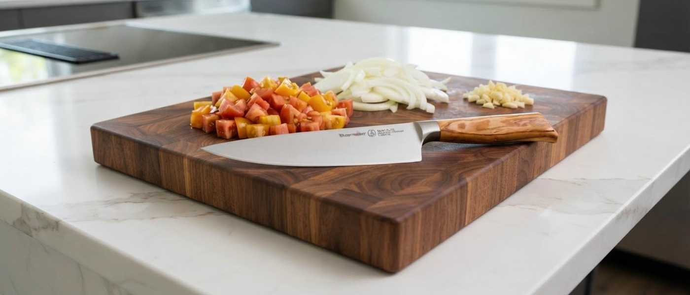 The Messermeister Oliva Elite chef knife on a wood cutting board with diced, sliced and minced vegetables