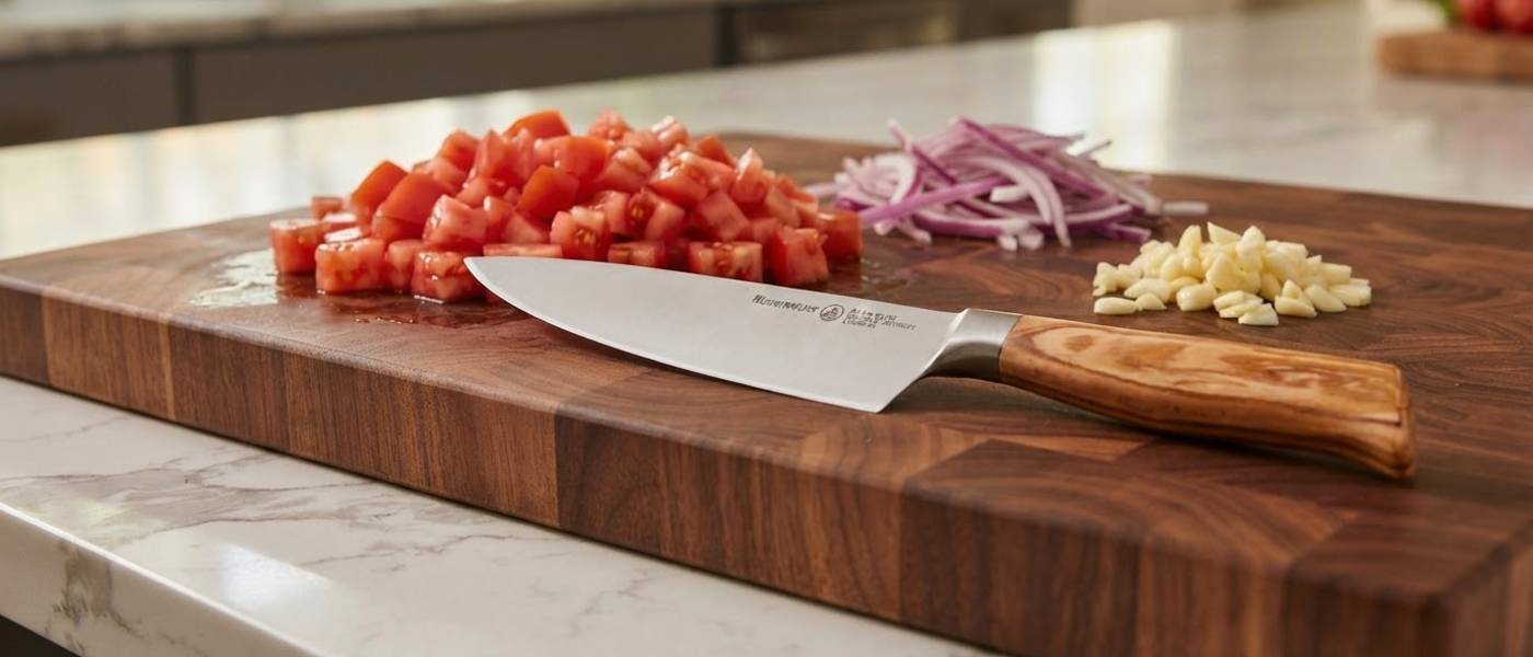 A Messermeister Oliva Elite Chef Knife on a wood cutting board with diced tomatoes, sliced, onion, and mined garlic