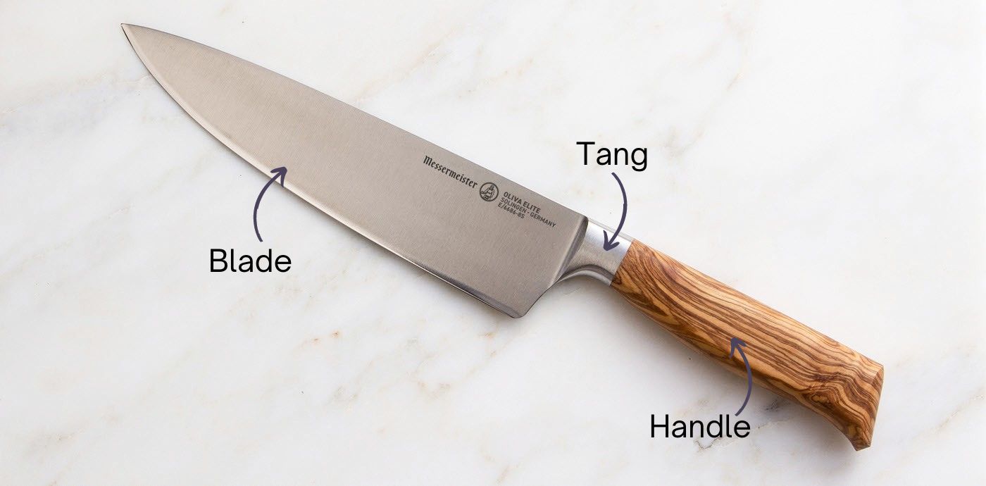 Messermeister Oliva Elite Stealth Chefs Knife diagram of parts