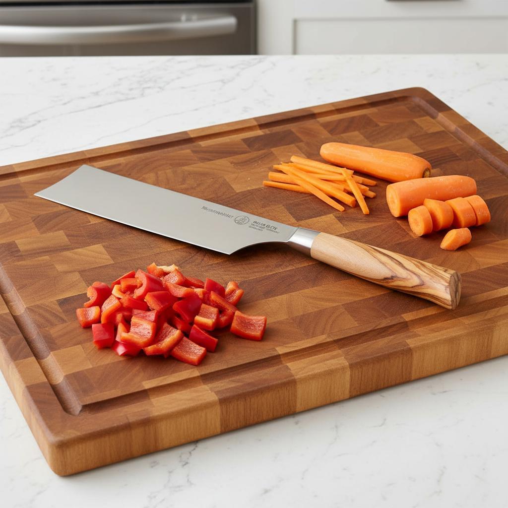 A Messermeister Oliva Elite Nakiri Knife on a cutting board with diced peppers and sliced and julienned carrots
