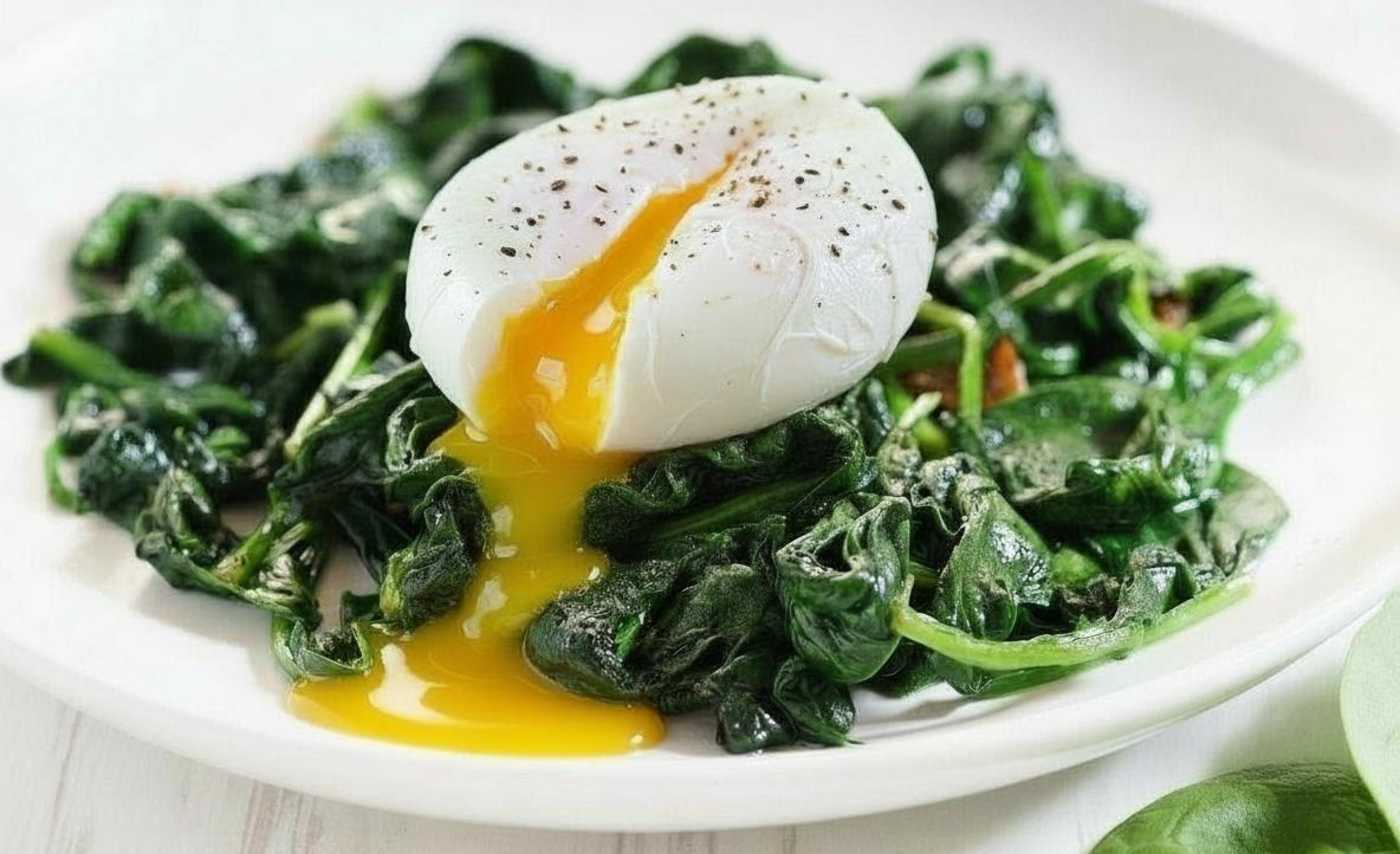 A poached egg on a bed of spinach